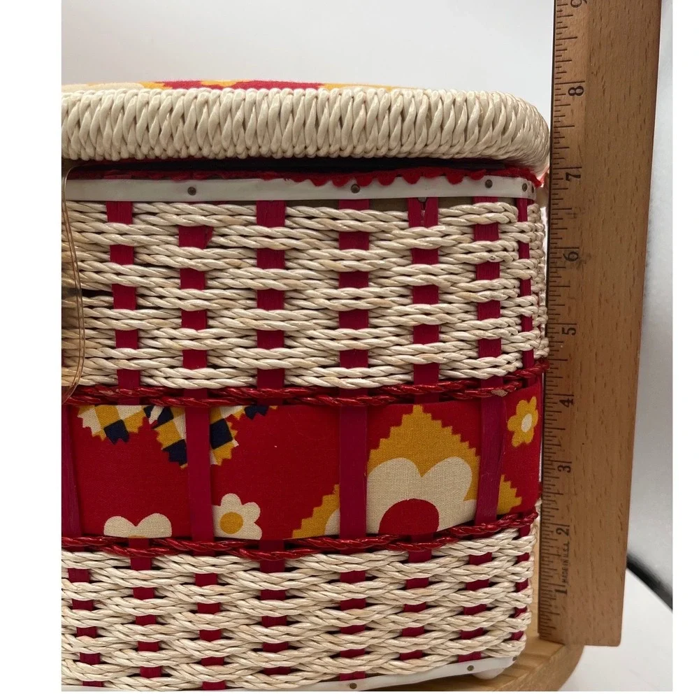 Vtg 70s Wicker Sewing Basket Retro Red Yellow Floral Mid Century Flower Power
